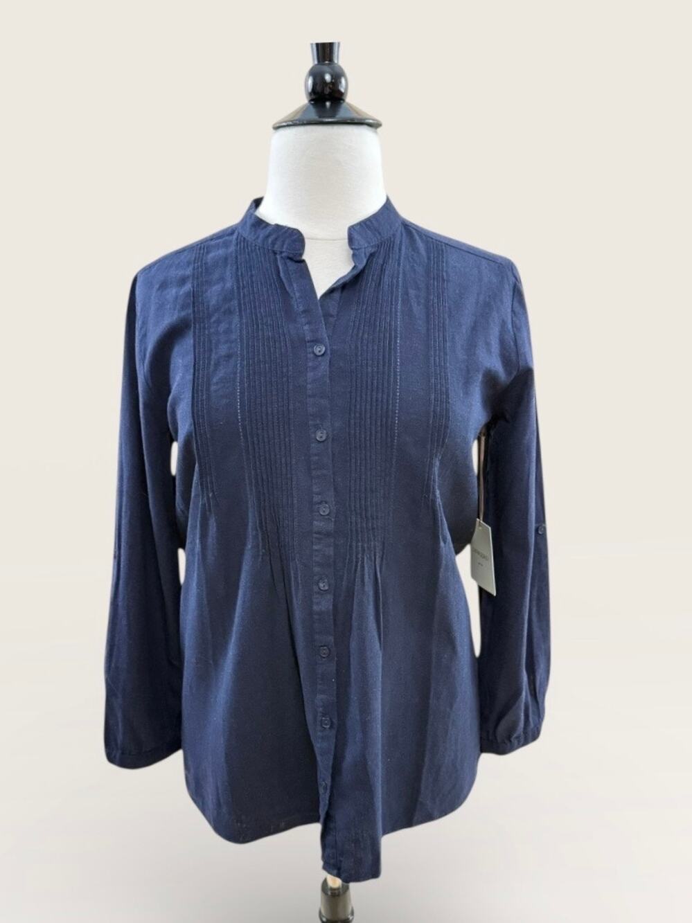 Cynthia Rowley Navy Long Linen Button Down Tunic with Front Pleats, Size L